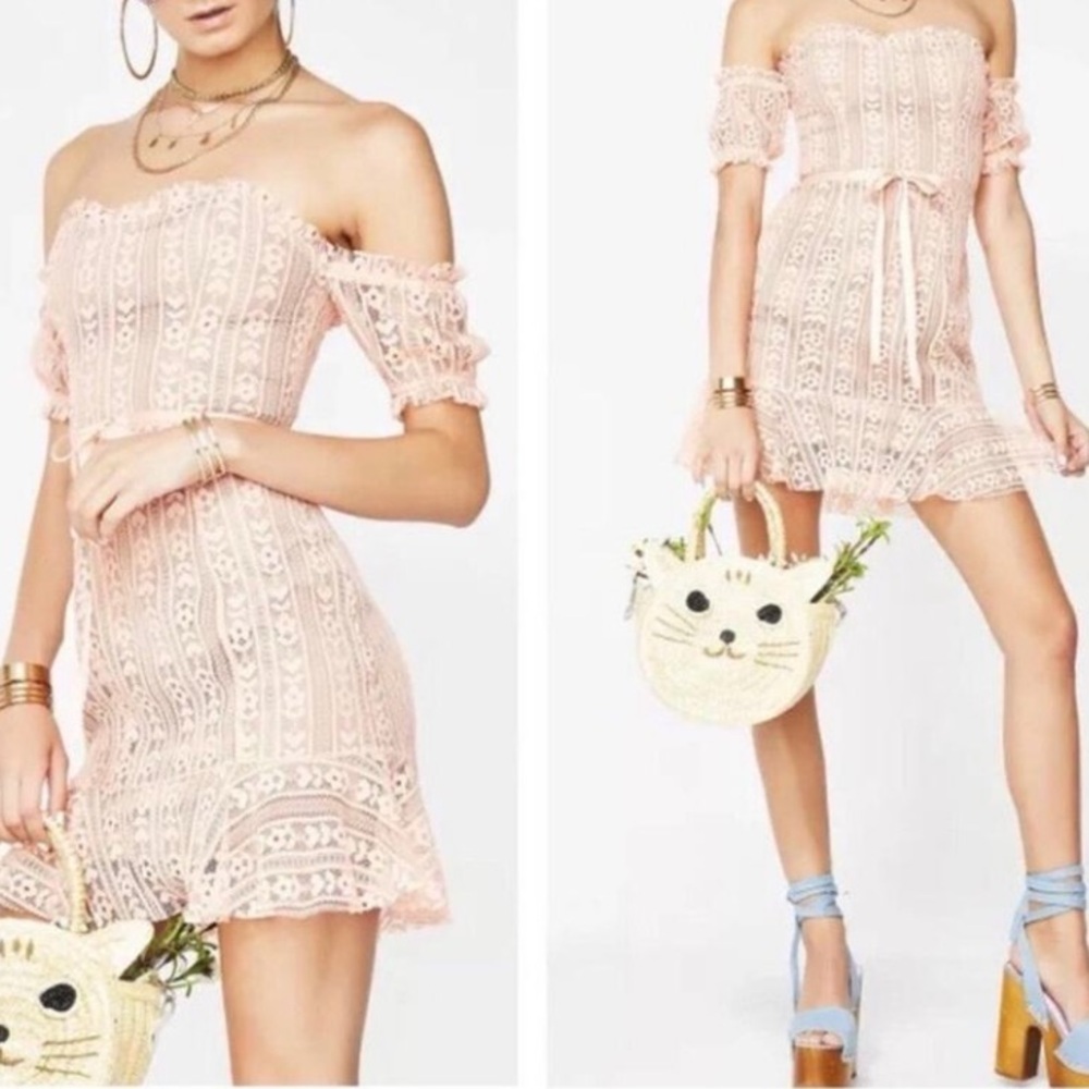 For Love And Lemons Dakota Lace Pink Mini Off Shoulder Coset Dress Sz Small